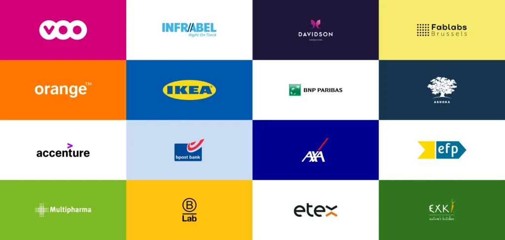 16 companies that Impact Valley has collaborated with. The companies are Voo, Infrabel, Davidson, Fablabs Brussels, Orange, IKEA, BNP Paribas, Ashoka, Accenture, Bpost Bank, Axa, EFP, Multipharma, B Lab, Etex and Exxi.