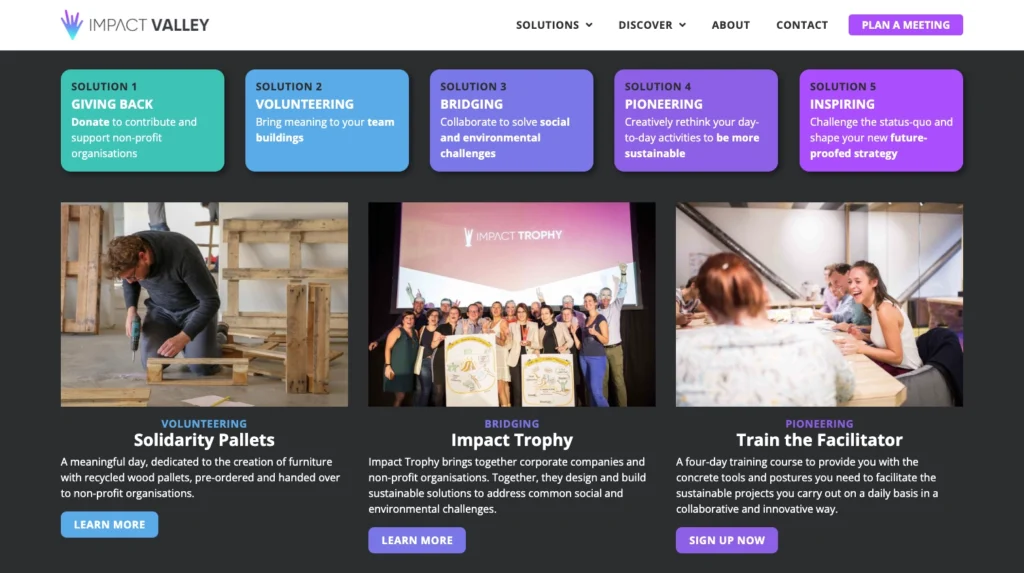 Five solutions and three leading programmes on the Impact Valley's homepage.