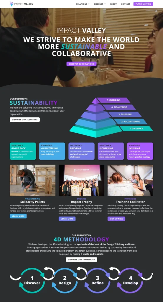 Homepage from the Impact Valley's website. At the top, there is a background video, while below follow the five solutions, top three programmes and a section presenting Impact Valley's methodology.