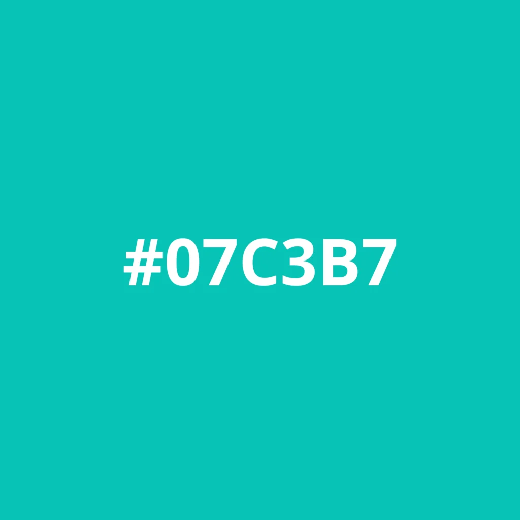 Square filled with turquoise colour, with a HEX code: #07C3B7.