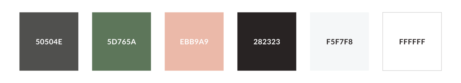 New colour palette of Vogelzang consisting of grey, green, pink, black, light grey and white.