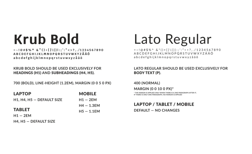 Two fonts used in the Vogelzang's visual identity. The fonts are Krub Bold and Lato Regular.