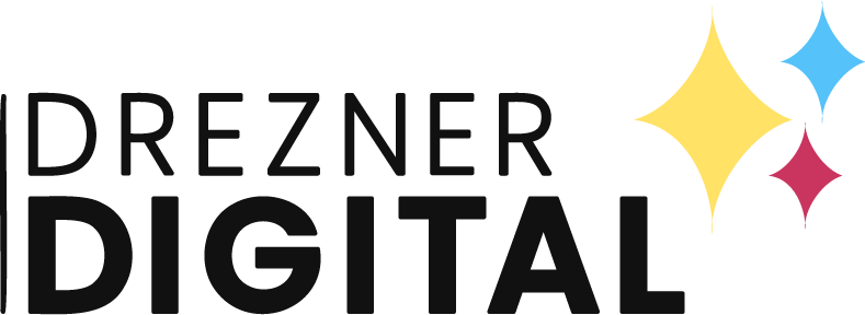 A black logo of Drezner Digital.