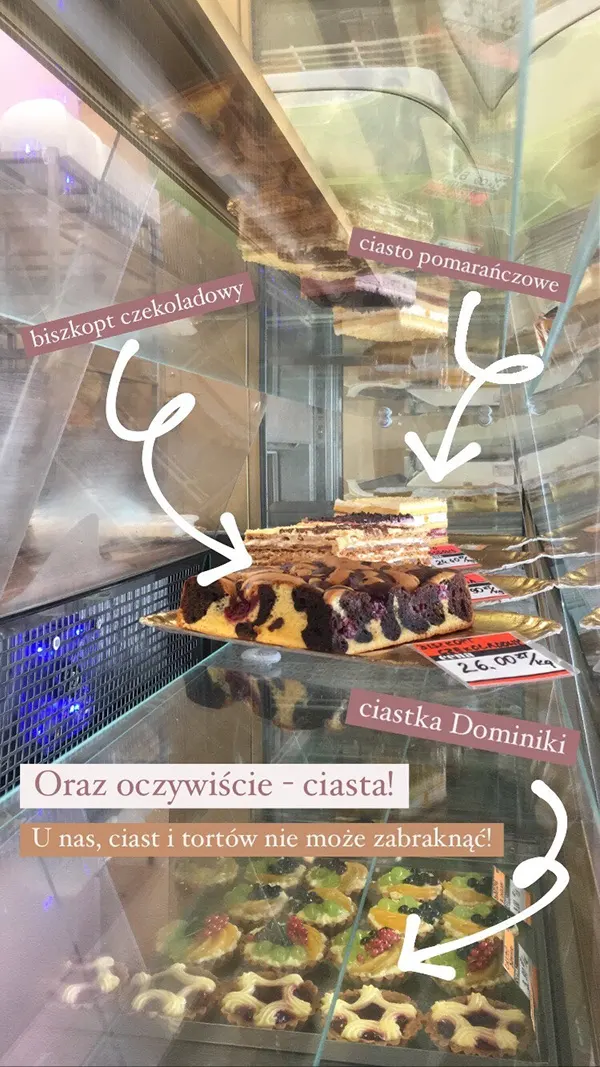 An Instagram story showing a bunch of pastries and cakes in a fridge.