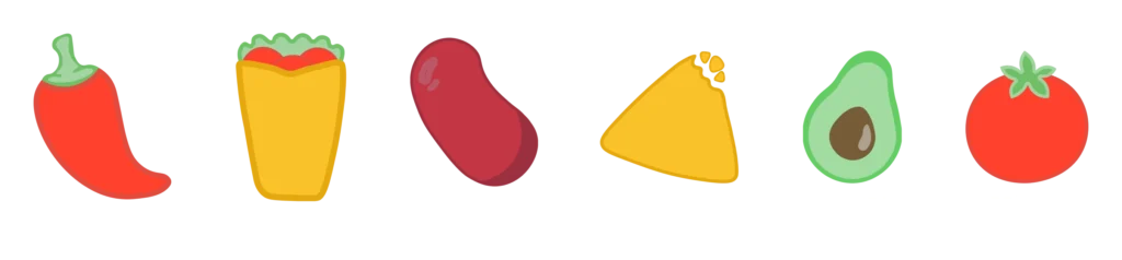 Graphical elements of Holy Guacamole. From the left: chilli, burrito, bean, nacho, avocado and tomato.