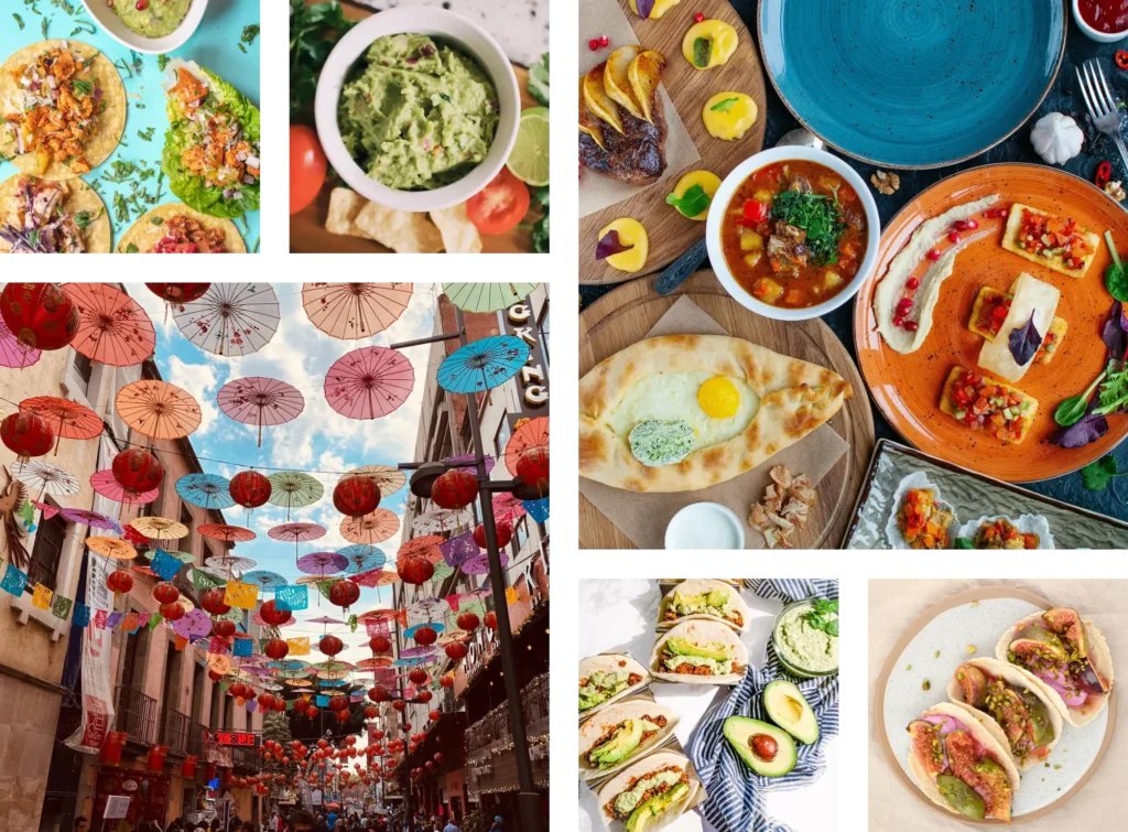 A moodboard for Holy Guacamole consisting of six images in a grid. From left, tortillas, avocado, Mexican food, a colourful street with umbrellas, tacos with avocado and tacos with meat.