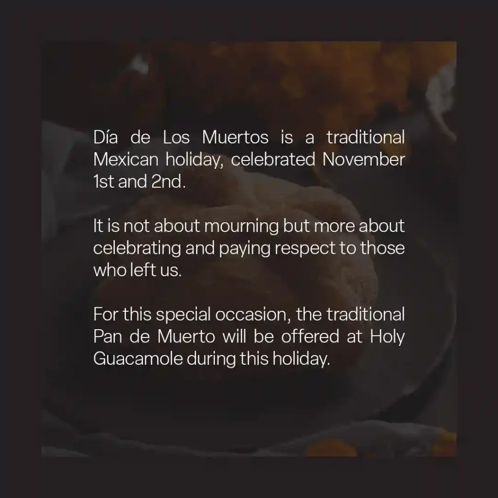 An Instagram post for the cultural Mexican holiday, the Day of the Dead (Día de Muertos). In the middle, there is a bunch of text describing the origin and purpose of the day.