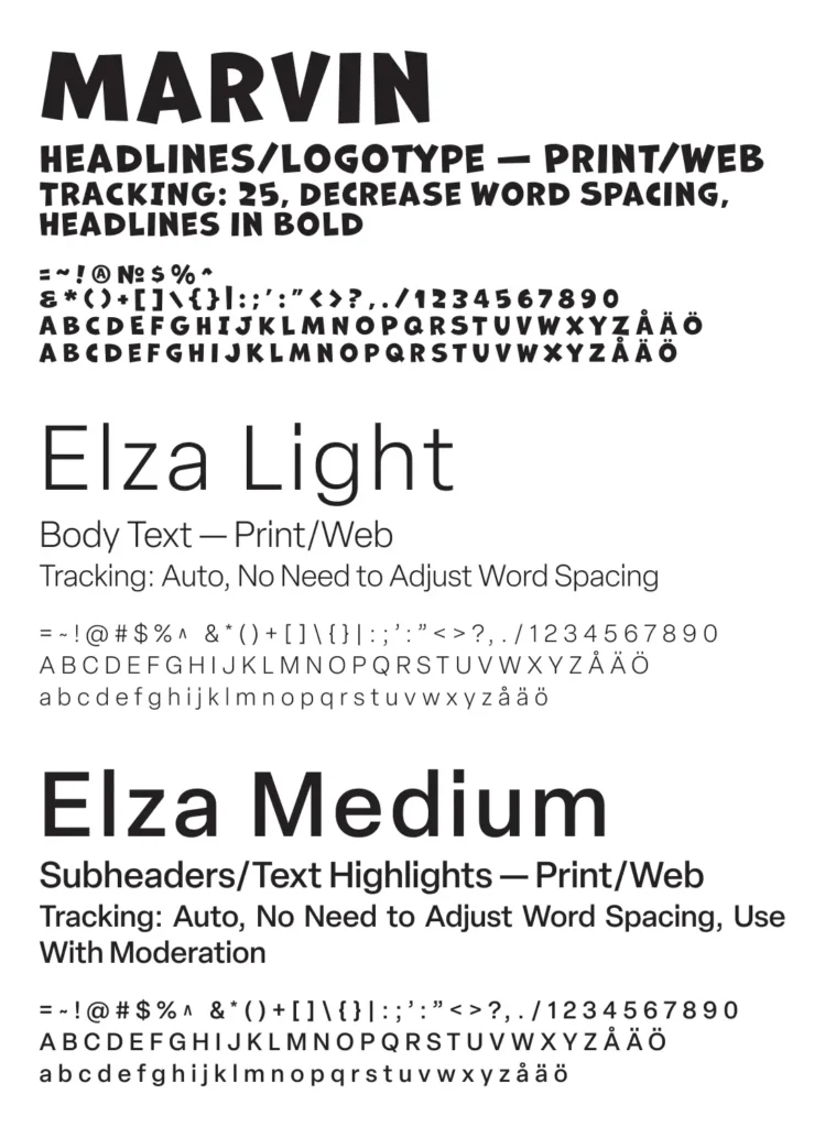 The choice of typeface for Holy Guacamole and usage guidelines. From the top, Marvin, Elza Light and Elza Medium.