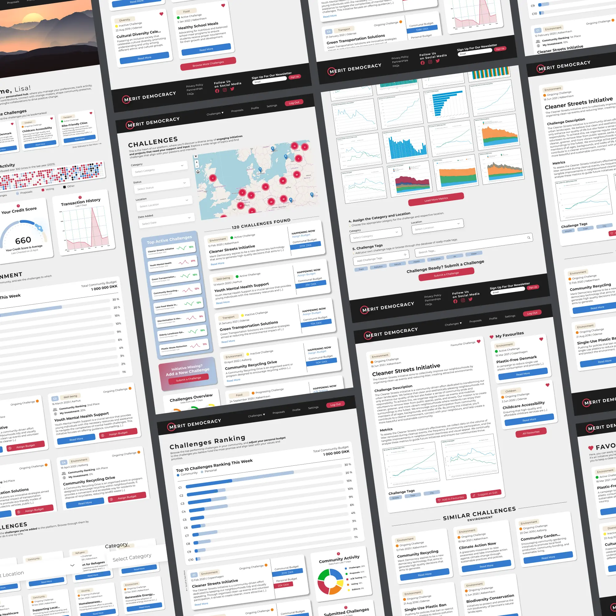 A collection of pages from Merit Democracy's web application prototype.