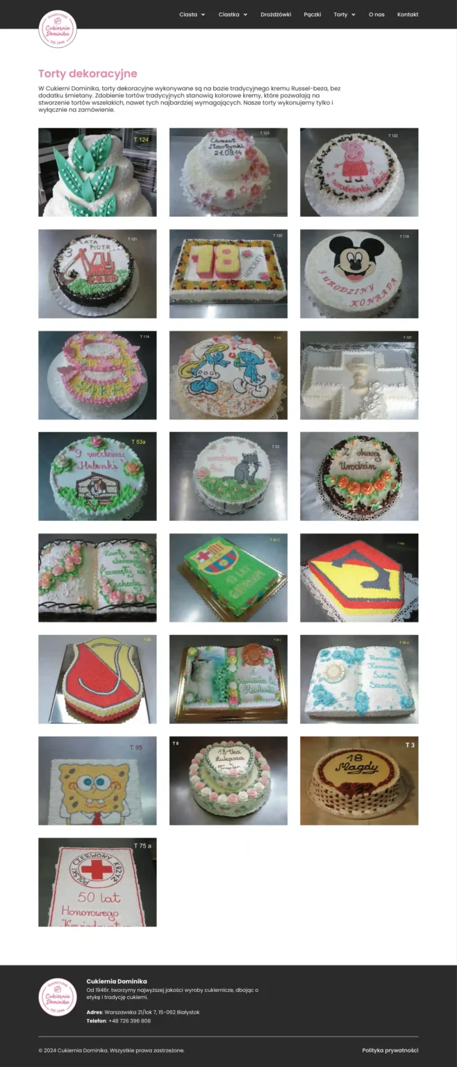 Portfolio page displaying a wide range of custom-made cakes.