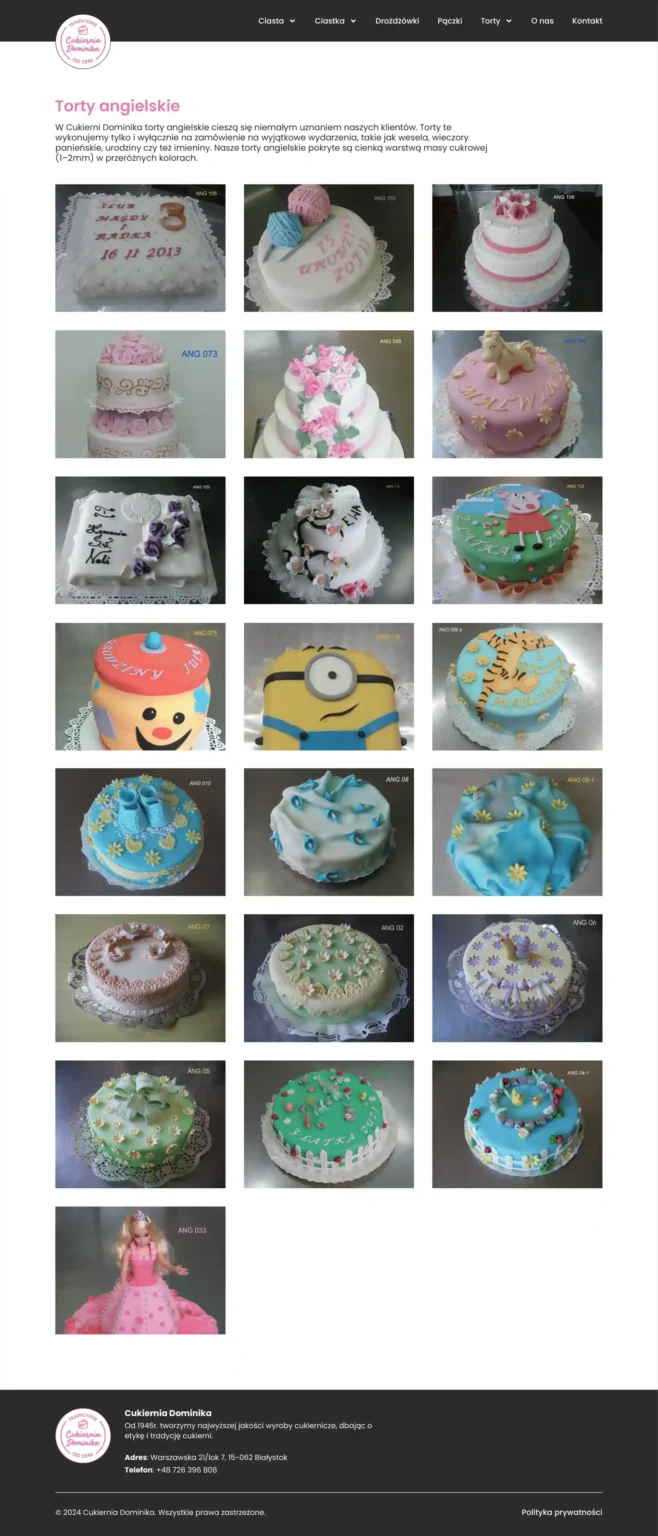 Portfolio page displaying a wide range of custom-made cakes.