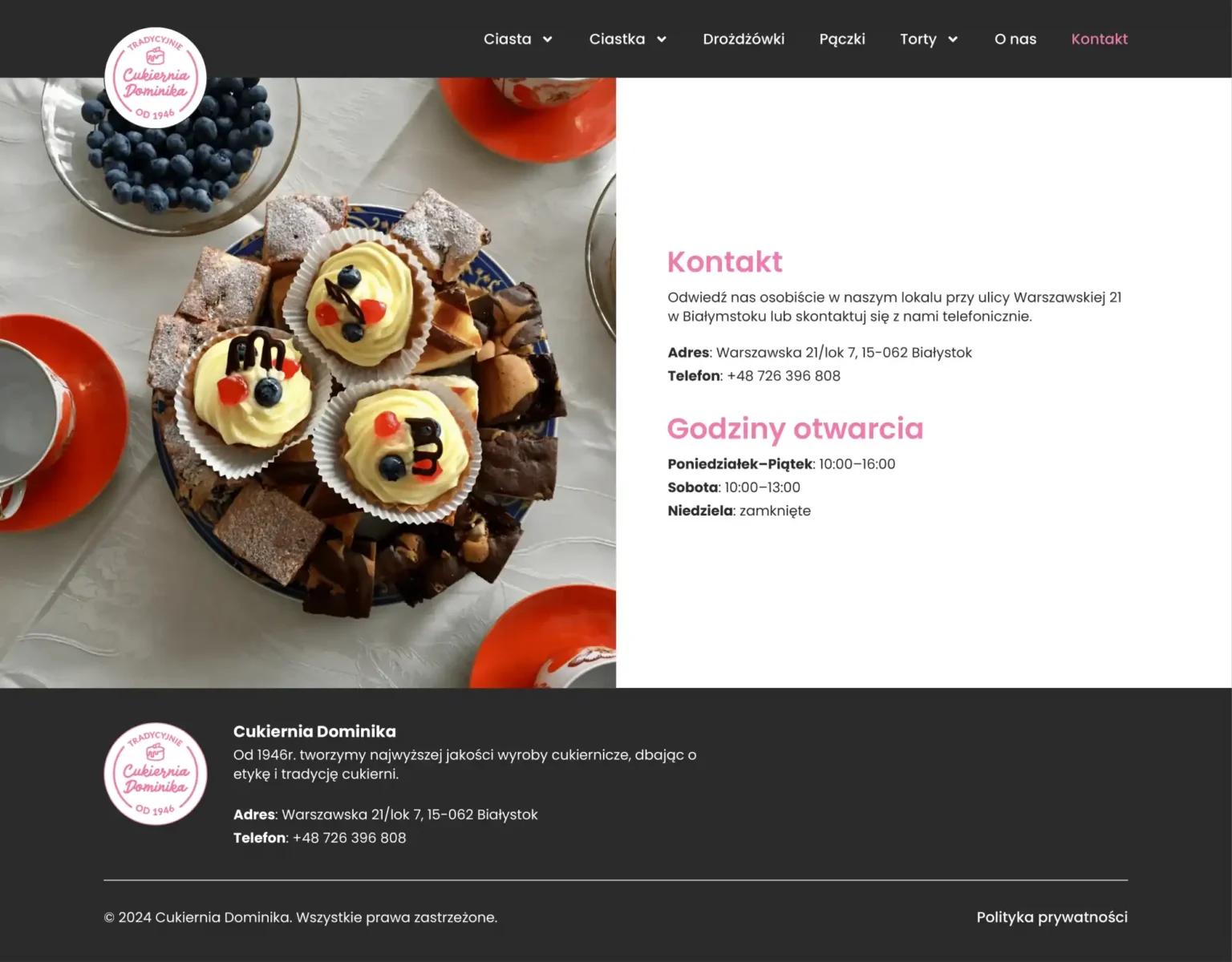 Contact page of Cukiernia Dominika's website.